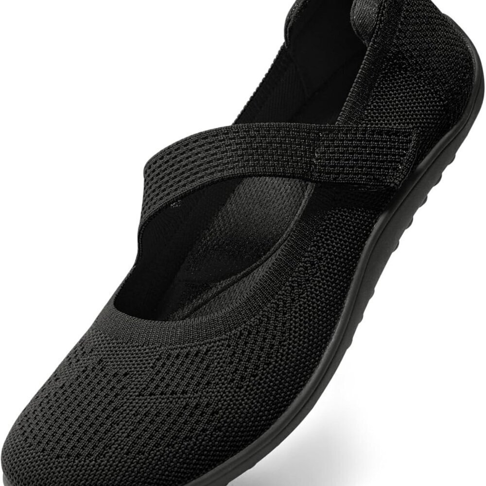 Women's Wide Toe Box Flat Shoes Knit Slip-On Casual Ballet Flats 7 Black